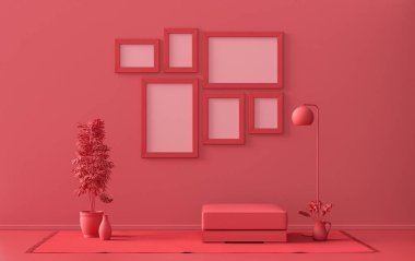 Afiş çerçevesi arka plan odası düz koyu kırmızı, duvarında 6 çerçeve olan kestane rengi, galeri duvarı modeli için katı tek renkli arkaplan, 3D renkte, pastel renkli oda