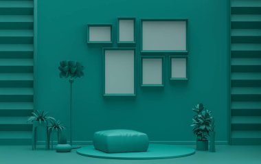 Duvarında altı çerçeve bulunan düz koyu yeşil arkaplan odası, galeri duvarı modeli için katı tek renkli arkaplan, 3D görüntüleme, pastel renk odası