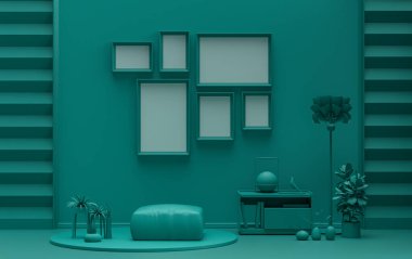 Duvarında altı çerçeve bulunan düz koyu yeşil arkaplan odası, galeri duvarı modeli için katı tek renkli arkaplan, 3D görüntüleme, pastel renk odası