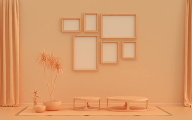 Düz turuncu pembemsi renkte poster çerçeveli arka plan odası duvarda 6 çerçeve, galeri duvarı modeli için katı monokrom arka plan, 3 boyutlu görüntüleme, pastel renkli oda