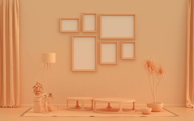 Düz turuncu pembemsi renkte poster çerçeveli arka plan odası duvarda 6 çerçeve, galeri duvarı modeli için katı monokrom arka plan, 3 boyutlu görüntüleme, pastel renkli oda