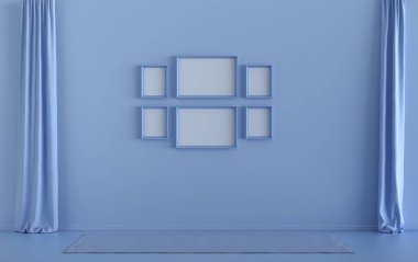 Duvarında 6 çerçeve bulunan düz mavi renkli poster çerçeve odası, galeri duvarı modeli için katı monokrom arkaplan, 3D görüntüleme, pastel renk odası