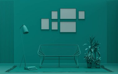 Duvarında altı çerçeve bulunan düz koyu yeşil arkaplan odası, galeri duvarı modeli için katı tek renkli arkaplan, 3D görüntüleme, pastel renk odası
