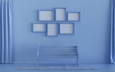 Afiş çerçevesi arka plan odası düz açık mavi renkte ve duvarında 6 çerçeve ve bir park bankı var. Galeri duvarı modeli için sağlam tek renkli arka plan, 3D renkte, pastel renkli oda.