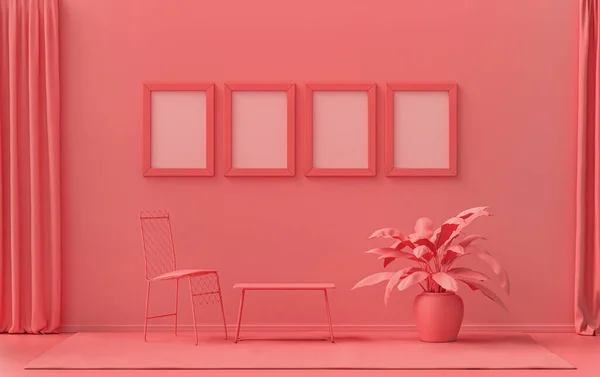 Single color monochrome light pink, pinkish orange color interior room with single chair and plants,  4 frames on the wall, 3D rendering, poster frame mockup scene