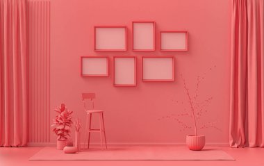 Afiş çerçevesi arka plan odası düz pembe, pembe turuncu renkte, duvarda 6 çerçeve, galeri duvarı modeli için katı tek renkli arka plan, 3D renkte, pastel renkli oda.