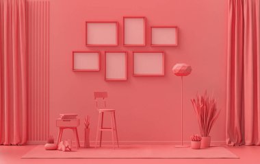 Afiş çerçevesi arka plan odası düz pembe, pembe turuncu renkte, duvarda 6 çerçeve, galeri duvarı modeli için katı tek renkli arka plan, 3D renkte, pastel renkli oda.