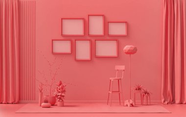 Afiş çerçevesi arka plan odası düz pembe, pembe turuncu renkte, duvarda 6 çerçeve, galeri duvarı modeli için katı tek renkli arka plan, 3D renkte, pastel renkli oda.