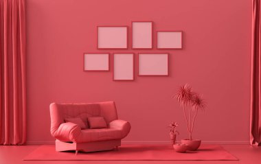Afiş çerçevesi arka plan odası düz koyu kırmızı, duvarında 6 çerçeve olan kestane rengi, galeri duvarı modeli için katı tek renkli arkaplan, 3D renkte, pastel renkli oda