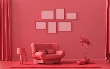 Afiş çerçevesi arka plan odası düz koyu kırmızı, duvarında 6 çerçeve olan kestane rengi, galeri duvarı modeli için katı tek renkli arkaplan, 3D renkte, pastel renkli oda