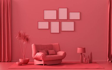 Afiş çerçevesi arka plan odası düz koyu kırmızı, duvarında 6 çerçeve olan kestane rengi, galeri duvarı modeli için katı tek renkli arkaplan, 3D renkte, pastel renkli oda