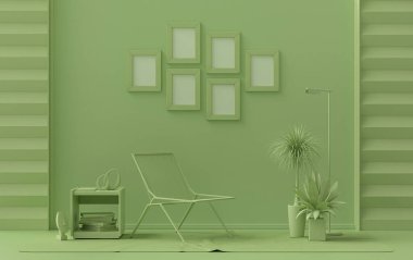Afiş çerçevesi arkaplan odası düz açık yeşil renkte, duvarda 6 çerçeve, galeri duvarı modeli için katı monokrom arka plan, 3D görüntüleme, pastel renk odası