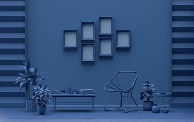 Duvarında 6 çerçeve bulunan düz mavi renkli poster çerçeve odası, galeri duvarı modeli için katı monokrom arkaplan, 3D görüntüleme, pastel renk odası