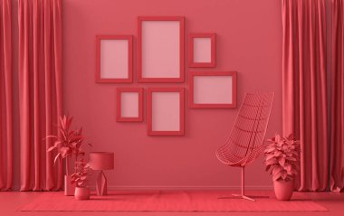 Afiş çerçevesi arka plan odası düz koyu kırmızı, duvarında 6 çerçeve olan kestane rengi, galeri duvarı modeli için katı tek renkli arkaplan, 3D renkte, pastel renkli oda
