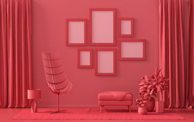 Afiş çerçevesi arka plan odası düz koyu kırmızı, duvarında 6 çerçeve olan kestane rengi, galeri duvarı modeli için katı tek renkli arkaplan, 3D renkte, pastel renkli oda