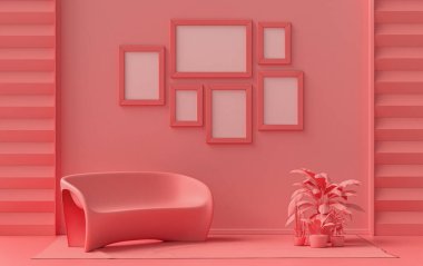 Afiş çerçevesi arka plan odası düz pembe, pembe turuncu renkte, duvarda 6 çerçeve, galeri duvarı modeli için katı tek renkli arka plan, 3D renkte, pastel renkli oda.