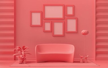 Afiş çerçevesi arka plan odası düz pembe, pembe turuncu renkte, duvarda 6 çerçeve, galeri duvarı modeli için katı tek renkli arka plan, 3D renkte, pastel renkli oda.