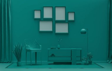 Duvarında altı çerçeve bulunan düz koyu yeşil arkaplan odası, galeri duvarı modeli için katı tek renkli arkaplan, 3D görüntüleme, pastel renk odası