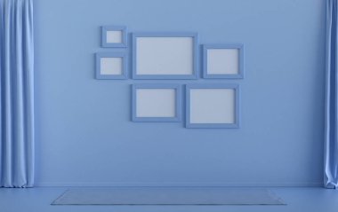 Altı kareli duvar modeli katı düz pastel açık mavi renkli, tek renkli modern oturma odası mobilyasız ve boş, 3D döşemeli, galeri duvarı