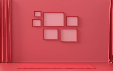 Altı kareli duvar modeli katı düz pastel, koyu kırmızı, kestane rengi, monokrom iç mekan modern oturma odası mobilyasız ve boş, 3D kaplama, galeri duvarı