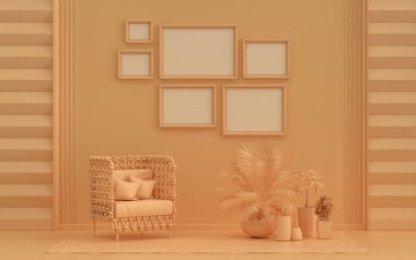 Düz düz turuncu renkte altı çerçeveli duvar modeli, tek renkli modern oturma odası, tek sandalyeli ve bitkili, 3D işlemeli, galeri duvarı.