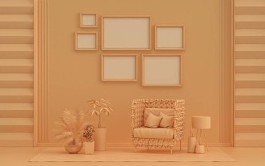 Düz, turuncu, turuncu renkte altı çerçeveli duvar maketi, tek renkli modern oturma odası mobilya ve bitkilerle dolu, 3D kaplama, galeri duvarı.