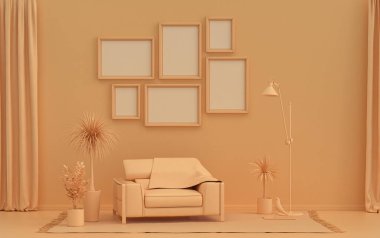 Düz, turuncu, turuncu renkte altı çerçeveli duvar maketi, tek renkli modern oturma odası mobilya ve bitkilerle dolu, 3D kaplama, galeri duvarı.