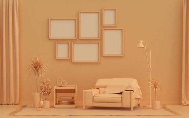 Düz, turuncu, turuncu renkte altı çerçeveli duvar maketi, tek renkli modern oturma odası mobilya ve bitkilerle dolu, 3D kaplama, galeri duvarı.