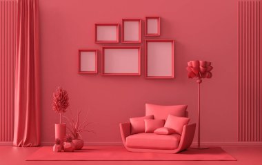 Altı çerçeveli duvar maketi katı düz pastel, koyu kırmızı, kestane rengi, tek renkli modern oturma odası mobilya ve bitkiler, 3D döşeme, galeri duvarı
