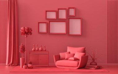 Altı çerçeveli duvar maketi katı düz pastel, koyu kırmızı, kestane rengi, tek renkli modern oturma odası mobilya ve bitkiler, 3D döşeme, galeri duvarı