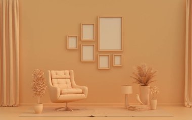 Düz, turuncu, turuncu renkte altı çerçeveli duvar maketi, tek renkli modern oturma odası mobilya ve bitkilerle dolu, 3D kaplama, galeri duvarı.