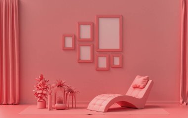 Altı çerçeveli duvar modeli katı düz pastel açık pembe, pembe turuncu renkli, tek renkli modern oturma odası meditasyon yatağı ve bitkileri olan, 3D işlemeli, galeri duvarı.