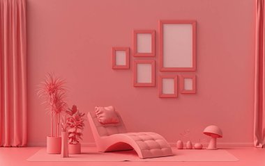 Altı çerçeveli duvar modeli katı düz pastel açık pembe, pembe turuncu renkli, tek renkli modern oturma odası meditasyon yatağı, mobilya ve bitkiler, 3D döşeme, galeri duvarı