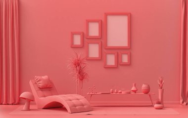Altı çerçeveli duvar modeli katı düz pastel açık pembe, pembe turuncu renkli, tek renkli modern oturma odası meditasyon yatağı, mobilya ve bitkiler, 3D döşeme, galeri duvarı