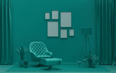 Altı çerçeveli duvar modeli katı düz pastel, koyu yeşil renk, tek renkli modern oturma odası mobilya ve bitkilerle, 3D kaplama, galeri duvarı.