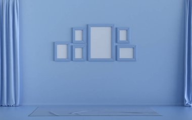 Altı kareli duvar modeli katı düz pastel açık mavi renkli, tek renkli modern oturma odası mobilyasız ve boş, 3D döşemeli, galeri duvarı