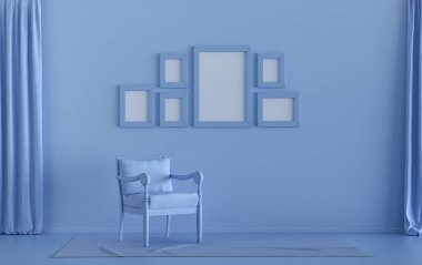 Altı kareli duvar modeli düz düz pastel açık mavi renkli, monokrom iç mekan modern oturma odası, tek sandalyeli, üç boyutlu çizim, galeri duvarı