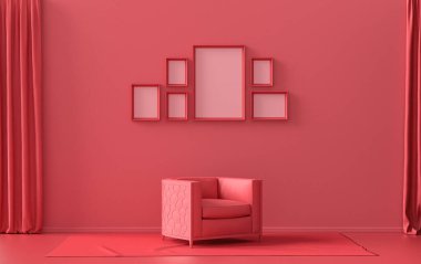 Altı çerçeveli duvar modeli katı düz pastel, koyu kırmızı, kestane rengi, monokrom iç mekan modern oturma odası, tek sandalyeli, bitkisiz, 3D rengarenk, galeri duvarı