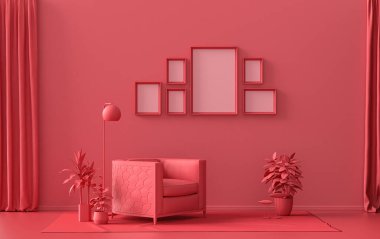 Altı çerçeveli duvar maketi katı düz pastel, koyu kırmızı, kestane rengi, tek renkli modern oturma odası mobilya ve bitkiler, 3D döşeme, galeri duvarı