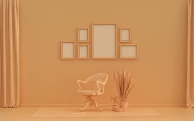 Düz düz turuncu renkte altı çerçeveli duvar modeli, tek renkli modern oturma odası, tek sandalyeli ve bitkili, 3D işlemeli, galeri duvarı.