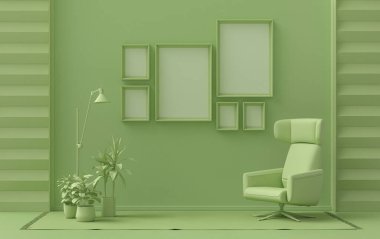 Altı çerçeveli duvar modeli katı düz pastel açık yeşil renk, tek renkli modern oturma odası mobilya ve bitkilerle, 3D döşeme, galeri duvarı.