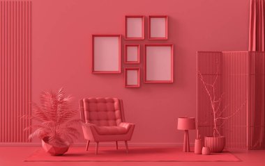 Altı çerçeveli, koyu kırmızı, mobilyalı ve bitkilerli kestane rengi, 3 boyutlu resim, poster ya da resim sunumlu bir poster duvarı.