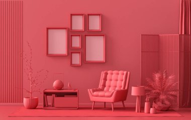 Altı çerçeveli, koyu kırmızı, mobilyalı ve bitkilerli kestane rengi, 3 boyutlu resim, poster ya da resim sunumlu bir poster duvarı.