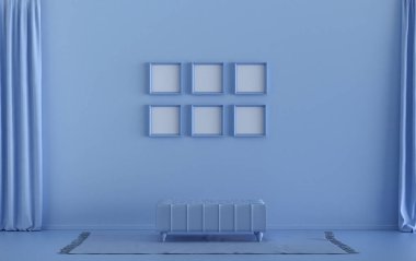 Katı pastel, açık mavi renkli altı çerçeveli, bitkisiz orta puf, 3D Renderleme, poster ya da resim sunumlu bir poster duvarı.