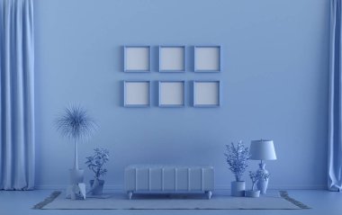 Mock-up poster gallery wall with six frames in solid pastel light blue room with furnitures and plants, 3d Rendering, poster or picture presentation clipart