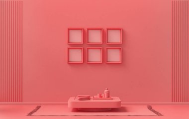 Altı çerçeveli, katı pastel açık pembe, pembe turuncu renkli mobilya ve bitkilerle donatılmış poster duvarı, 3 boyutlu tasarım, poster ya da resim sunumu