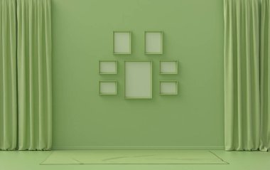 Mobilyasız ve boş, üç boyutlu resim, poster ya da resim sunumlu, altı çerçeveli, katı pastel, açık yeşil bir oda.