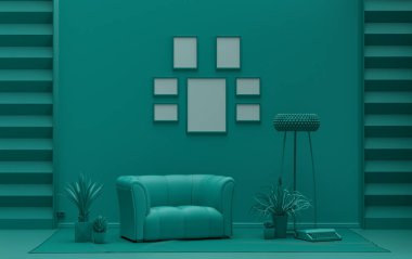 Model poster duvarı. Altı çerçeveli koyu pastel yeşil oda. Mobilyaları ve bitkileri var. 3 boyutlu tasarım, poster veya resim sunumu.