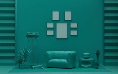 Model poster duvarı. Altı çerçeveli koyu pastel yeşil oda. Mobilyaları ve bitkileri var. 3 boyutlu tasarım, poster veya resim sunumu.