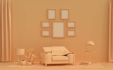 Altı çerçeveli, katı pastel, turuncu, mobilya ve bitkilerle donatılmış, 3 boyutlu resim, poster ya da resim sunumlu bir poster duvarı.